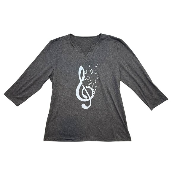 Treble Clef Music Note Top Size L Charcoal Gray Musiccore Graphic Tee 3/4 Sleeve - Picture 2 of 11